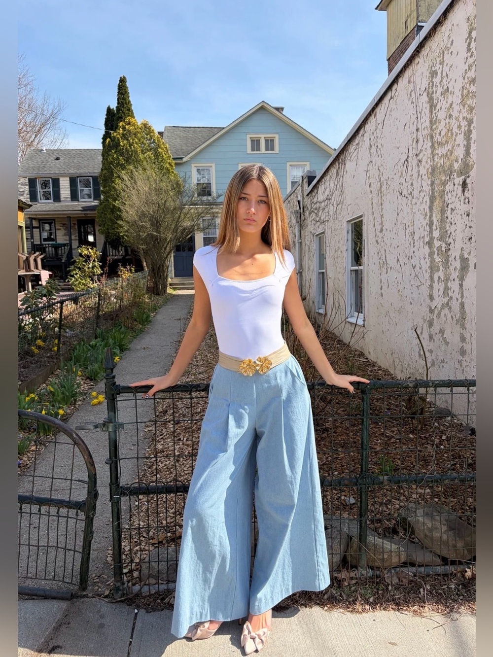 Mirame NYC Sailor Pant Dressy Denim Blue Wide Leg Nipped Waist sizes S, M, L